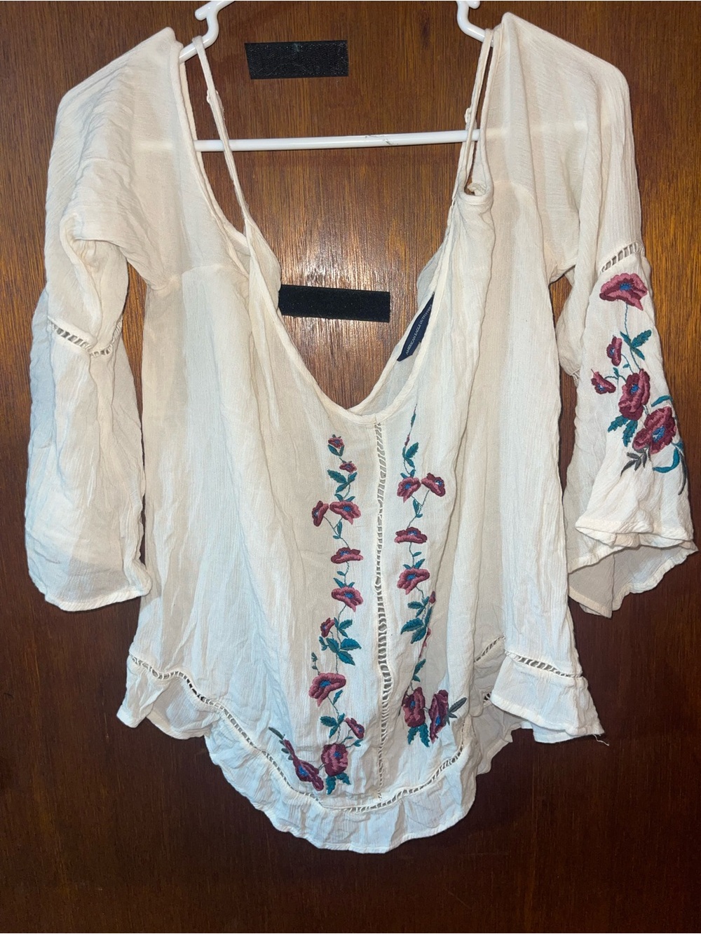 Women's Cream Embroidered Peasant Blouse with Floral Detailing